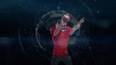 Futbolcu, teknoloji gösterisinde topu belinden kavrayıp üstten pas atıyor. Spor, atlet, dijital sanat, gelecek, hareket, eylem, performans