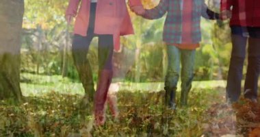 Afro-Amerikan ailesinin gülümsemesi üzerine Amerikan bayrağının animasyonu. Sonbahar sonbaharı ve mevsimler dijital olarak üretilen video konsepti.