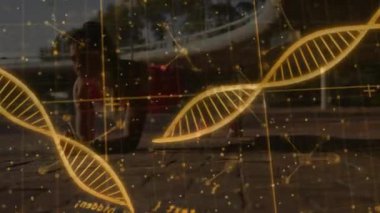 Parlayan DNA sarmalı dönen teknoloji kodu diz çökmüş koşucunun koşuya hazırlandığını gösteriyor. Gelecek, bilim, yenilik, atletik, açık hava, teknoloji, kararlılık