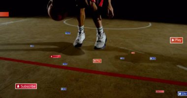 Basketbolcu sahaya girerken kırmızı çizgide top sürüyor ve ortam simgeleri çoğalırken kesişiyor. Sporcu, spor, dinamik, hareket, performans, spor salonu, eğlence