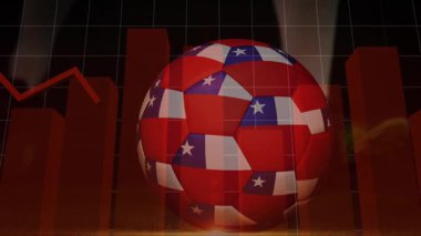 Başlangıçta, kırmızı çubuklar yükselirken Amerikan futbolu topu yuvarlanıyor ve grafik verileri dalgalandırıyor. Veri, analitik, finans, teknoloji, görselleştirme, yenilik, grafikler