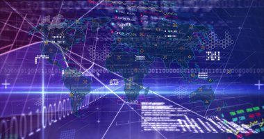 Sanal arayüzde, neon kılavuz çizgileri ve ikili akışlarla holografik dünya haritası gösteriliyor. Fütürist, dijital, teknoloji, veri görselleştirme, arayüz, siber, donanımlı