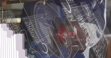 Kot ceket giyen teknisyen atölye veri panellerine tekerlek ve kırmızı kalibre ile dokunuyor. Teknoloji, tanı, otomotiv, yenilik, veri görselleştirme, bakım, mühendislik