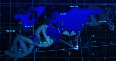 3D sarmal ve sayısal etiketlerle siber-uzay ortamında parlayan parlak-mavi dünya haritası gösteriliyor. Futuristik, teknoloji, veri, görselleştirme, dijital, ağ, yenilik