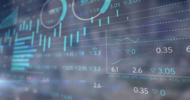 Ekranda, çubuk grafiklerini, çizgi grafiklerini, göstergeleri, yüzde oklarını gösteren finansal gösterge paneli gösteriliyor. Teknoloji, analitik, veri görselleştirme, gösterge paneli, finans, dijital, fütüristik