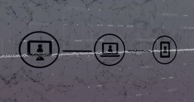 Noktalı dalga formu üzerinden sayısal veri ile gradyan ağa bağlanan üç aygıt simgesi gösteriliyor. Teknoloji, bağlantı, yenilik, dijital, veri, iletişim, fütürist