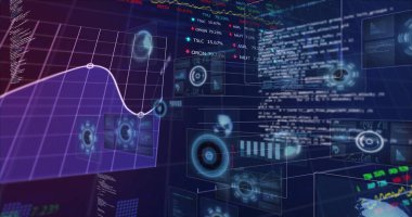 Gösterge panelinde holografik ekranlarla mor 3D çizgi çizim noktaları gösteriliyor, kopyalama alanı. Fütüristik, veri, görselleştirme, arayüz, teknoloji, analitik, donanımlı