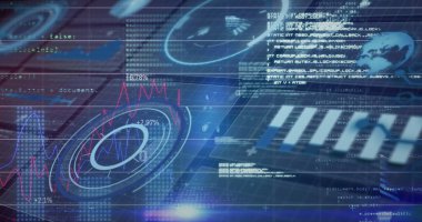 Izgarada çizgi grafikleri, yüzdeleri, kodları, çubukları, küreyi, kopyalama alanını gösteren 3D çizelge gösteriliyor. Fütüristik, görselleştirme, veri, teknoloji, arayüz, dijital, analitik