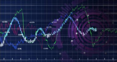 Ticaret ekranında üst üste binen trend çizgileri ve şamdan çubukları gösteriliyor,% etiketler, HUD örtüşmesi. Finansal, analitik, dijital, teknoloji, veri, görselleştirme, yatırım