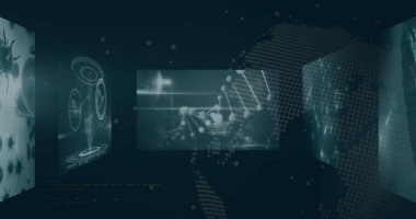 Sanal laboratuvarda virüs grafikleriyle moleküler ağ düğümlerini gösteren holografik panel gösteriliyor. Gelecekçi, teknoloji, dijital, veri, yenilik, bilim, görselleştirme