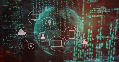 Siber uzayda bilgisayar akıllı telefon kilitleme simgeleriyle bağlı dijital dünya cihazları. Gelecek, bağlantı, siber alan, teknoloji, ağ, dijital, yenilik