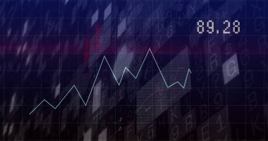 Gösterge panelinde açık mavi çizgi tablosu görünüyor. Zayıf oklar ve 89.28 numara. Infographic, data analizi, dijital arayüz, teknoloji, finans, soyut, grafik