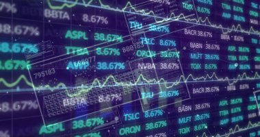 Mavi gösterge panelinde yüzen hisse senetleri ve grafiklerini gösteren finansal görselleme. Gelecekçi, analitik, teknoloji, gösterge paneli, neon, dijital, multimedya