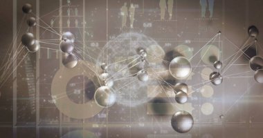 Metalik küreler ve beyaz çizgiler veri merkezinde çubuk grafikler ve pasta grafikleriyle ağ oluşturuyor. Teknoloji, siber güvenlik, yenilik, veri görselleştirme, fütüristik, bağlantı, dijital altyapı