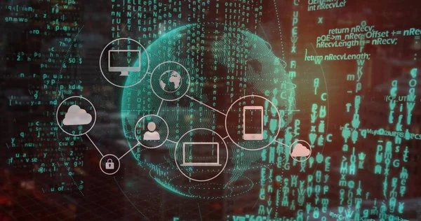 Siber uzayda bilgisayar akıllı telefon kilitleme simgeleriyle bağlı dijital dünya cihazları. Gelecek, bağlantı, siber alan, teknoloji, ağ, dijital, yenilik