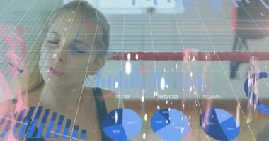 Yorgun, beyaz kadın üzerinde bağlantılar ve grafiklerin animasyonu. Spor, finans ve iş konsepti dijital olarak oluşturulmuş video