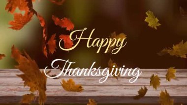 Mutlu Şükran Günü metinlerinin yapraklar üzerinde canlandırılması. Şükran Günü, gelenek ve kutlama konsepti dijital olarak oluşturuldu.