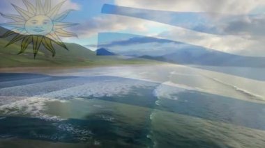 Kumsal ve deniz dalgalarının havadan görüntüsüne karşı uruguay bayrağı sallayan birleşik video. Ulusal turizm ve seyahat kavramı