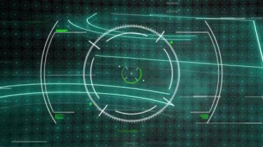 Statik HUD parçacığı parlayan deniz mavisi kavisleri gibi sabit kalıyor dönen gösterge görüntüleme taraması. Reticle, interface, technology, futuristic, digital, control, monitor