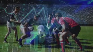 Rugby oyuncuları, canlı teknoloji ölçümlerini vurgulayan, animasyon veri grafikleri oluşturuyorlar. Atletik, rekabetçi, stratejik, takım çalışması, açık hava, dinamik, spor