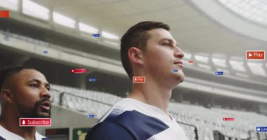 Rugby players facing sideline as social media icons drifting past third joining boosting engagement. Athletes, teamwork, digital, broadcast, stadium, sportsmanship, engagement