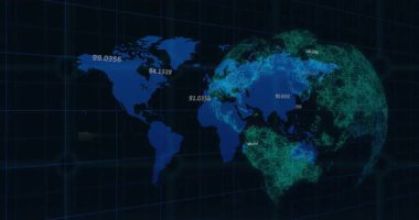 Veri işleme ve ızgara üzerinde dünyanın animasyonu. Dijital ortamda üretilmiş küresel bilim ve teknoloji kavramı.