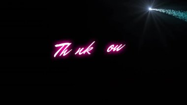 Parlayan yıldız ve ışık lekelerinin üzerine pembe neon harflerle yazılmış teşekkür mesajı animasyonu. Video oyunu ve iletişim konsepti dijital olarak oluşturuldu.