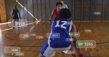 Basketbol topu salyalarının akması, azalan sayısal ikonlar çapraz sürücüye ve atıcıya pas atmasına neden oluyor. Spor, rekabet, çeviklik, takım çalışması, strateji, atletizm, eğitim