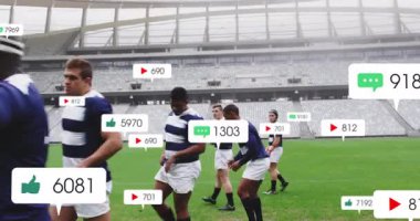 Rugby players walking across pitch and causing floating social counts while executing lineout catch. Athletes, teamwork, innovation, digital, sport, competition, strategy