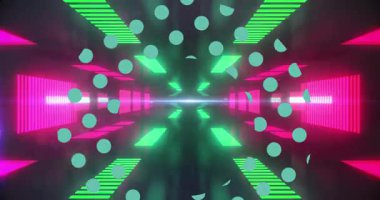 Siyah uzayda neon ışıklarının üzerindeki yeşil noktaların animasyonu. renk, şekil ve hareket konsepti dijital olarak oluşturulmuş video.