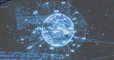 Gelişen kablo küresi dönüyor, veri düğümleri beliriyor ve halkalar veri eğilimlerini görselleştirmek için titreşiyor. Holografik, fütüristik, dijital, teknoloji, yenilik, soyut, arayüz