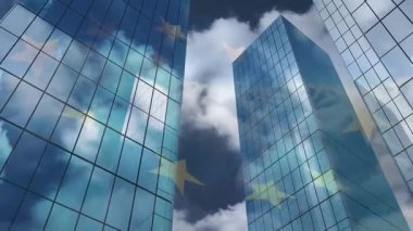 Ofis binalarının üzerinde Avrupa Birliği bayrağının canlandırılması. küresel iş, ekonomi, politika ve işbirliği konsepti dijital olarak oluşturulmuş video.