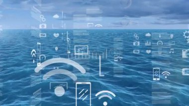 Okyanus dalgaları üzerinde kara bulutlara karşı veri işleme ile dijital arayüz. bilgisayar arayüzü teknolojisi kavramı