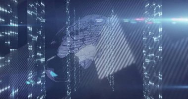 Dünya 'nın sanal kontrol merkezinde veri kuleleri ve ışık çizgileriyle dönen holografik küresi. Teknoloji, yenilik, fütürizm, veri görselleştirme, dijital ortam, yüksek teknoloji, siber güvenlik