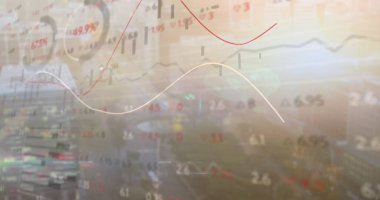 Finansal verileri renkli grafikler, şamdanlar, numaralar ve göstergelerle şehir siluetine yüklüyorum. Teknoloji, analitik, veri görselleştirme, finans, kentsel çevre, fütürizm, yenilik