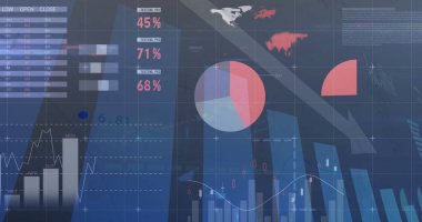 Tablo başlıkları, veri grafikleri, pasta grafiği ve ısı haritasıyla ticaret platformunda gösteriliyor. Analizler, veri görselleştirme, finansal, dijital arayüz, endüstri, iş dünyası, teknoloji