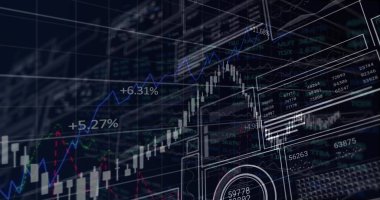 Gösterge panelinde şamdan çizelgeleri, neon çizgileri ve yüzde etiketleri gösteriliyor. Finans, analitik, teknoloji, grafikler, gösterge panelleri, veri görselleştirme, yatırım