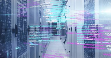 Veri merkezi koridoru aydınlanıyor, sunucu rafları arasında uzanıyor, holografik kod akışlarını gösteriyor. Gelecekçi, teknoloji, dijital, ağ, yenilik, siber, yüksek teknoloji