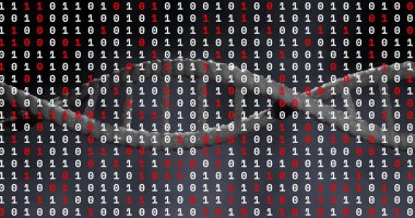 Dijital arkaplanda üç boyutlu çift sarmallı iplik beyaz ve kırmızı ikili kodlar sergiliyor. Gelecek, teknoloji, yenilik, siber, soyut, dijital, veri