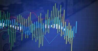 Motor arkaplanlı, ızgaralı gösterge panelinde çizgi grafiği ile çubuk şeması gösteriliyor. Finans, veri analizi, görselleştirme, teknoloji, otomotiv, dijital, istatistik