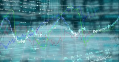 Ticaret panelinde şamdan çizelgesi ve renkli grafikler gösteriliyor, yüzde yüz etiketli ve kalpli. Finans, analitik, teknoloji, veri görselleştirme, yatırım, pazar eğilimleri, dijital arayüz