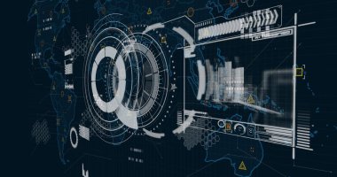 Veri paneli ve uyarı simgeleriyle dijital gösterge panelinde holografik dairesel UI gösteriliyor. Gelecek, teknoloji, arayüz, veri, görselleştirme, dijital, siber