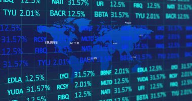 Finansal analitik ekranda gösterilen dünya haritası, kalp sembolleri ve yüzde rakamlarıyla örtüşüyor. Teknoloji, finans, veri, dijital, analitik, yatırım, gelecekçilik