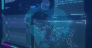 Sanal kontrol odasında yer alan ve veri okumalarını gösteren holografik küre gösteriliyor. Fütürist, dijital, görselleştirme, arayüz, neon, veri, teknoloji