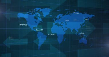 Karanlık ızgarada dijital dünya haritası bilgisi gösteriliyor, saydam oklarla veri noktaları gösteriliyor. Teknoloji, veri görselleştirme, küresel analitikler, fütüristik, arayüz, dijital, bilgi