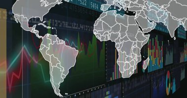 Çizgi grafikleri ve çubuk grafikleriyle dijital ekranı kaplayan beyaz dünya haritası gösteriliyor. Coğrafya, veri görselleştirme, bilgi, analitik, teknoloji, gösterge paneli, finans