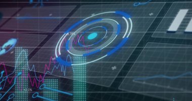 Eş merkezli halkalarla fütüristik HUD görüntüleme, karanlık şebeke boşluğunda nokta, çubuk grafikleri ve çizgi grafikleri. Teknoloji, yenilik, veri, analiz, arayüz, dijital, ağ