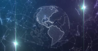 Ağ düğümleri arasında ışık çizgileri ve mercek parlamalarıyla Amerika 'yı gösteren yüzen kablo küresi. Global, teknoloji, fütüristik, dijital, ağ, bağlantı, soyut