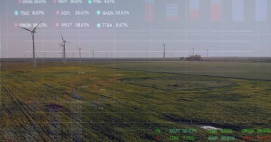 Yeşil tarım arazisi üzerinde yarı şeffaf borsa kalp kaplamalı rüzgar türbinleri görülüyor. Yenilenebilir enerji, sürdürülebilirlik, manzara, dijital görselleştirme, ekolojik koruma, temiz teknoloji, altyapı