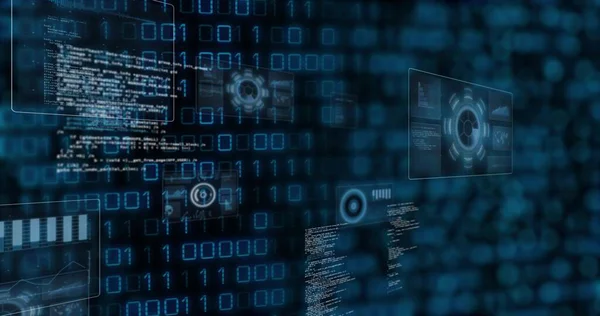 Mavi arayüzde ikili haneli kod metni ve HUD grafiklerini gösteren kod paneli gösteriliyor. Teknoloji, veri, yenilik, siber güvenlik, dijital, gelecekçi, analiz